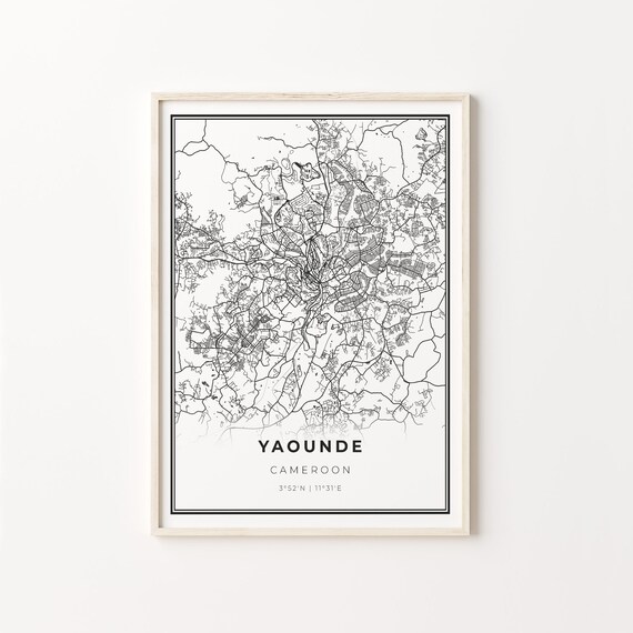 Yaounde Cameroon Modern Minimalist Black and White City Map Poster