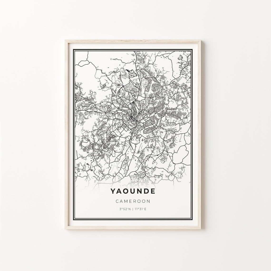 Yaounde Cameroon Modern Minimalist Black and White City Map Poster