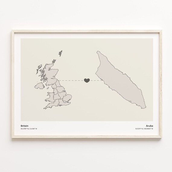 Britain To Aruba Minimalist Long Distance Heart Connection Map Poster