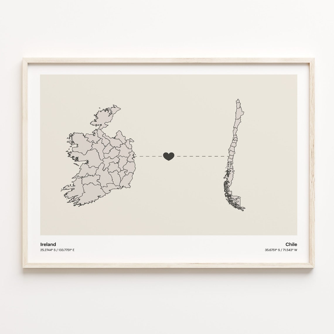 Ireland Chile Minimalist Long Distance Love Heart Map Poster