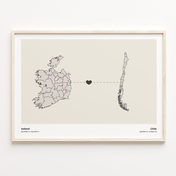 Ireland Chile Minimalist Long Distance Love Heart Map Poster