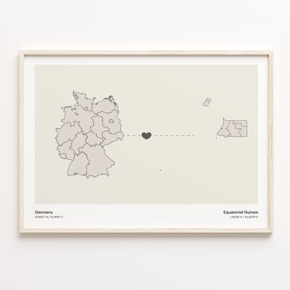 Germany to Equatorial Guinea Minimalist Long Distance Heart Map Connection Poster