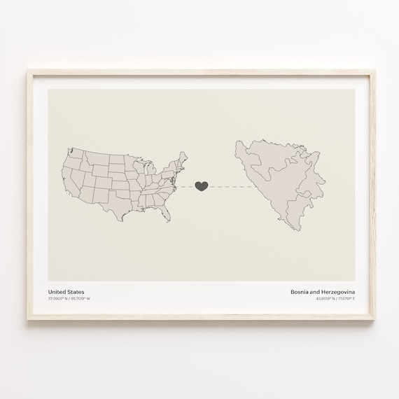 United States to Bosnia and Herzegovina Heart Connection Map Poster