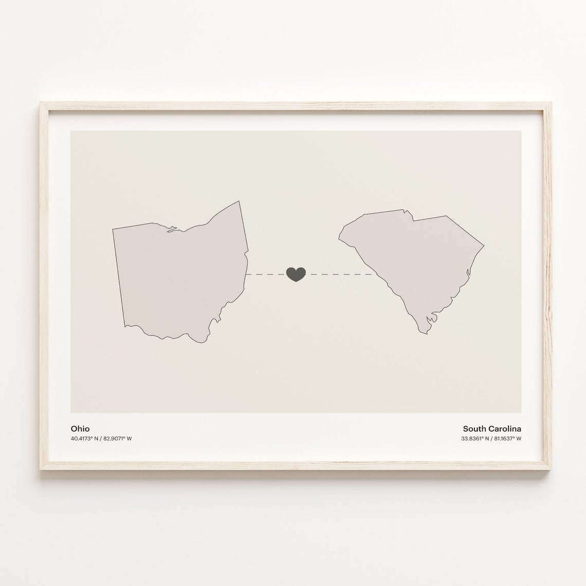 Ohio to South Carolina Heart Connection Map Minimalist Poster