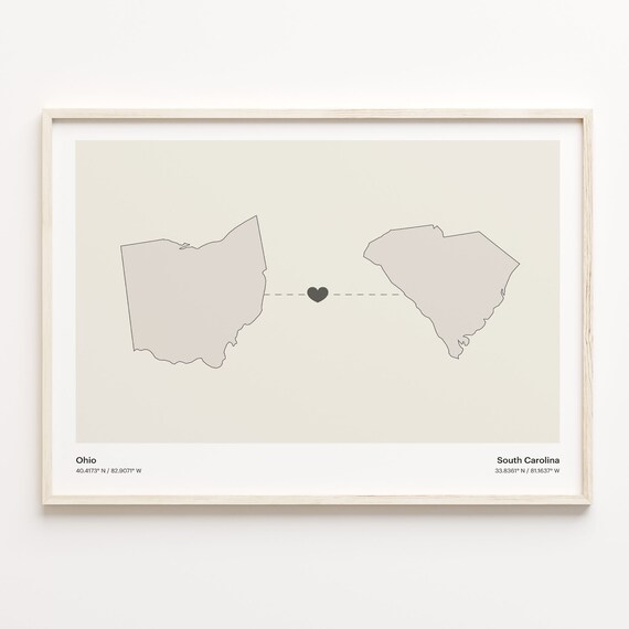 Ohio to South Carolina Heart Connection Map Minimalist Poster