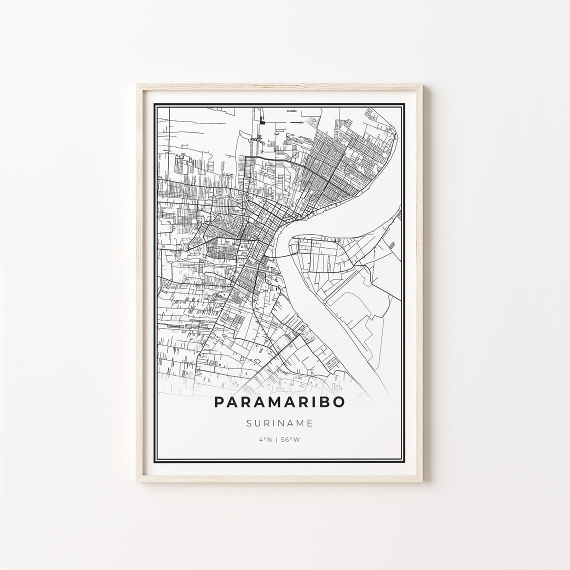 Paramaribo Suriname Black White Minimalist City Street Map Art Poster