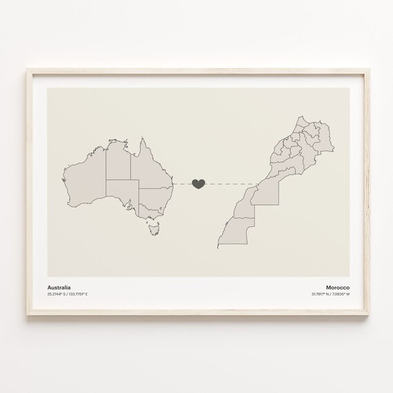 Australia To Morocco Heart Map Minimalist Country Connection Poster