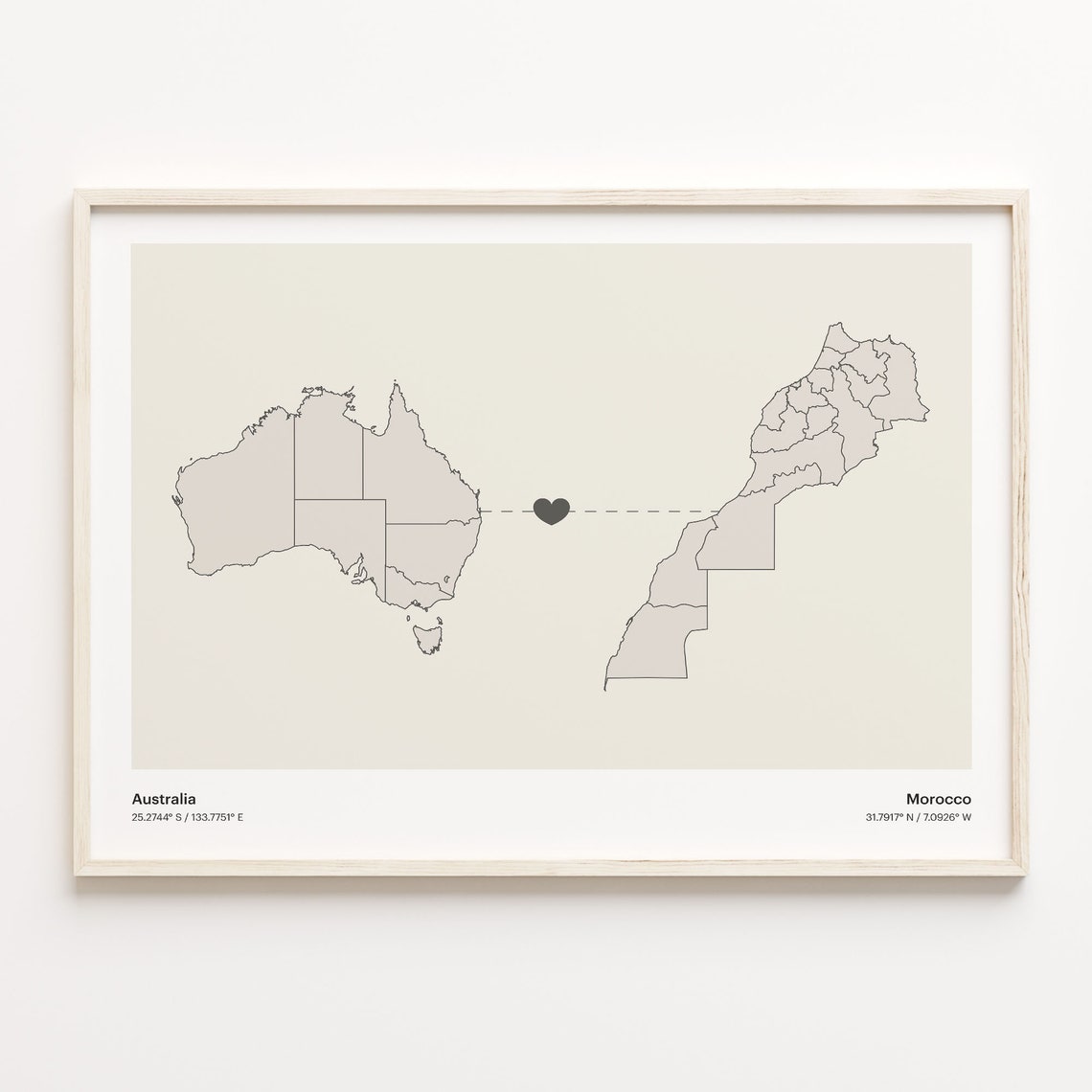 Australia To Morocco Heart Map Minimalist Country Connection Poster