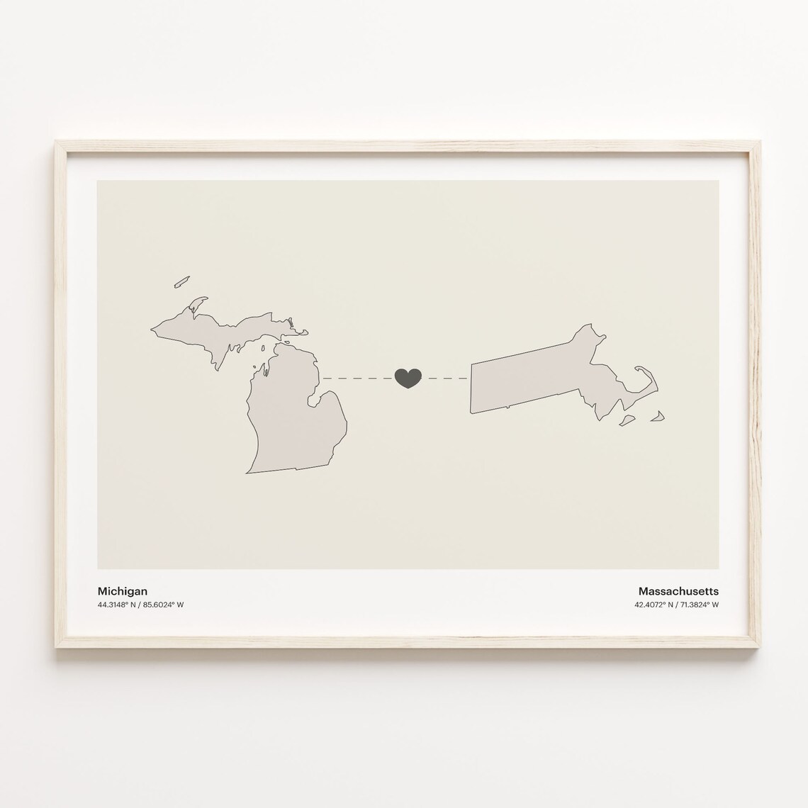 Michigan And Massachusetts Long Distance Love Minimalist Heart Map Poster