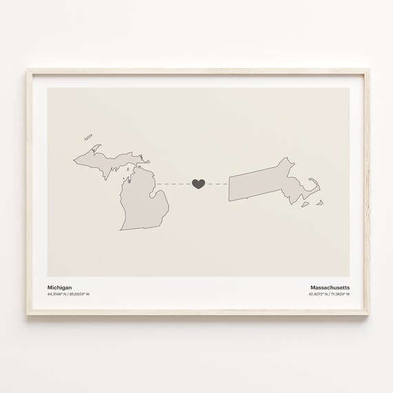 Michigan And Massachusetts Long Distance Love Minimalist Heart Map Poster