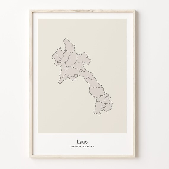 Laos Country Map Beige Line Outline Minimalist Coordinates Poster