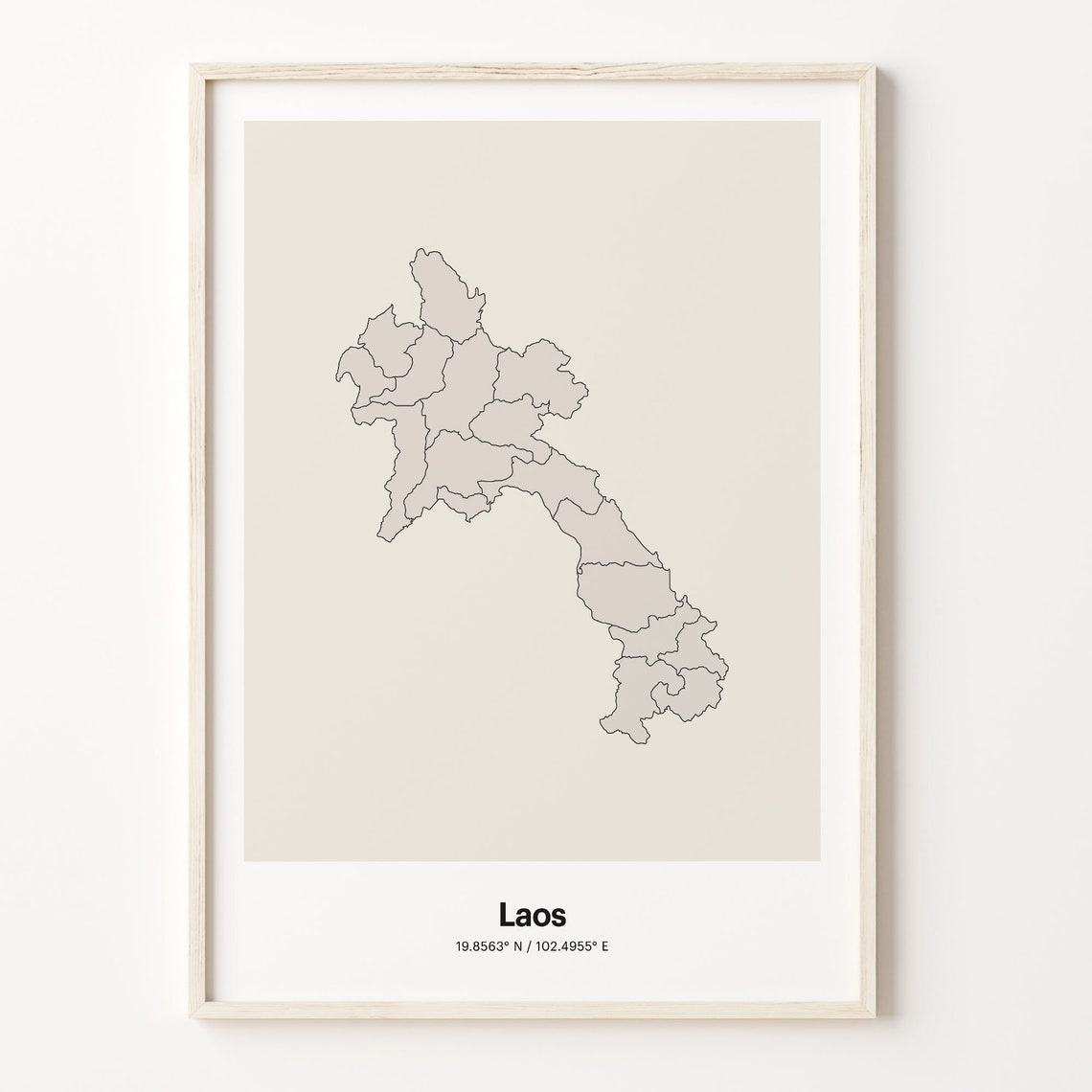 Laos Country Map Beige Line Outline Minimalist Coordinates Poster