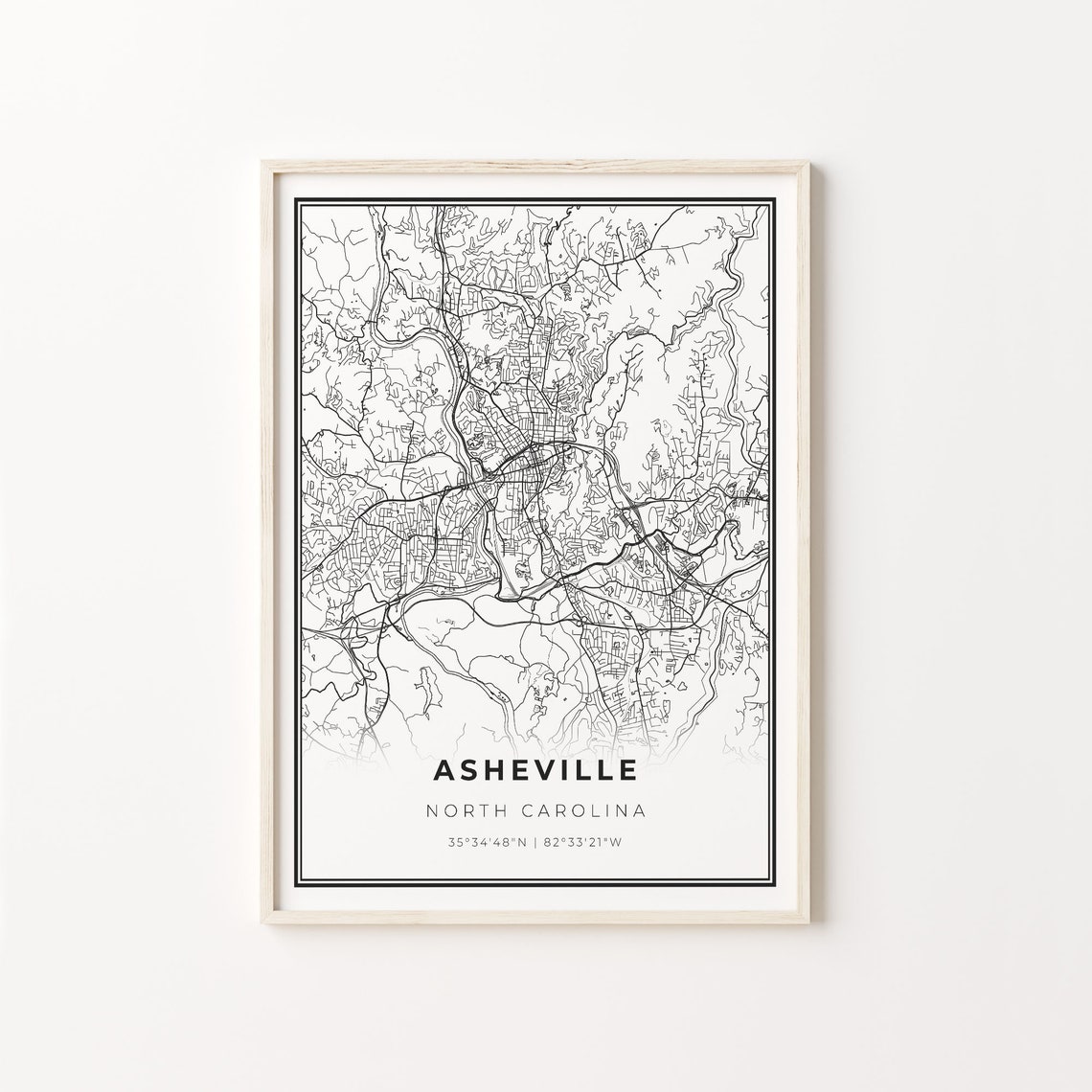 Asheville North Carolina Minimalist Black Line City Map Wall Art
