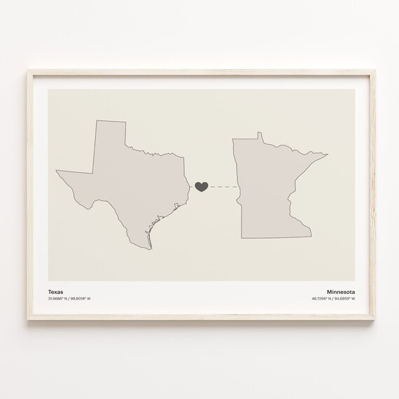 Texas Minnesota Long Distance Love Heart Minimalist Map Poster