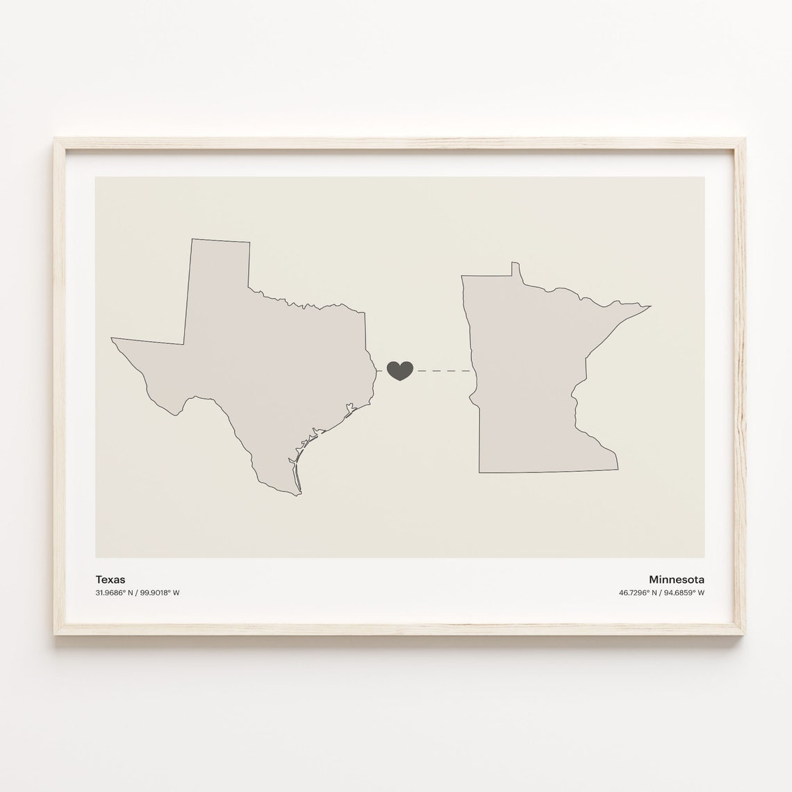 Texas Minnesota Long Distance Love Heart Minimalist Map Poster