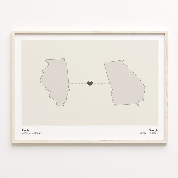 Illinois to Georgia Heartfelt Long Distance Connection Map Poster