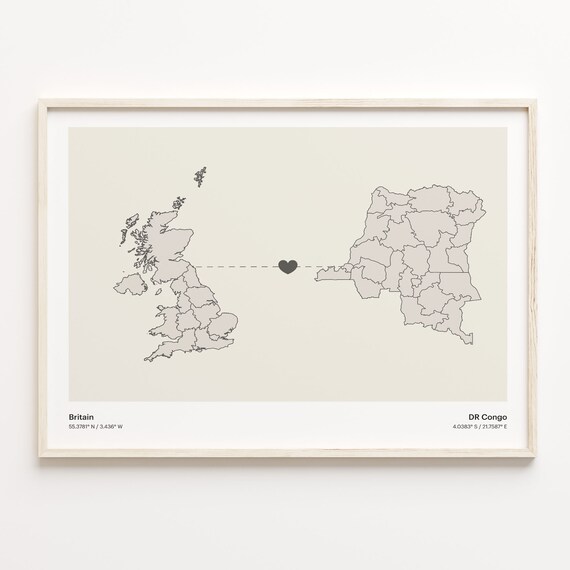 Britain To DR Congo Long Distance Love Heart Map Minimalist Poster