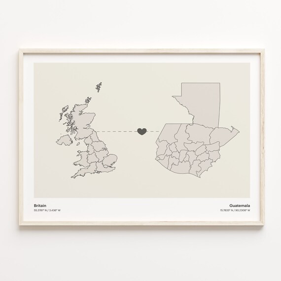 Britain Guatemala Long Distance Heart Connection Map Gift Poster