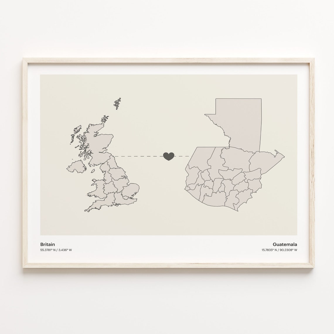 Britain Guatemala Long Distance Heart Connection Map Gift Poster