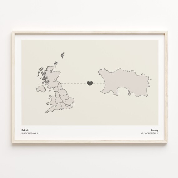 Britain to Jersey Minimalist Long Distance Heart Connection Map Poster