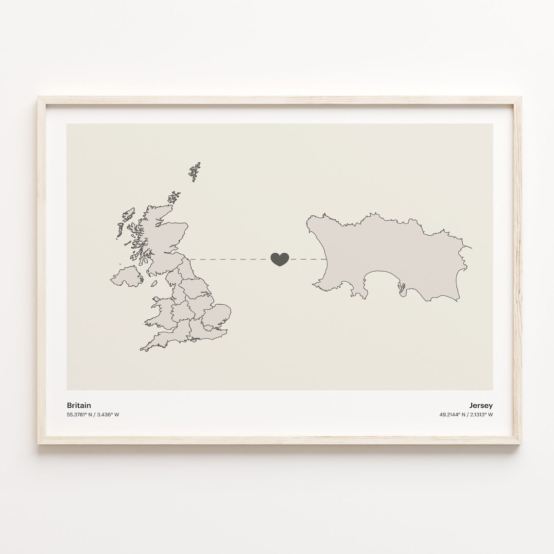 Britain to Jersey Minimalist Long Distance Heart Connection Map Poster