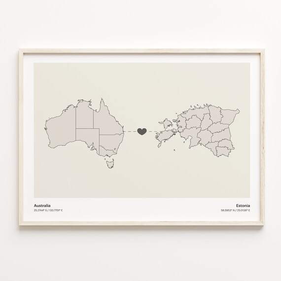 Australia to Estonia Minimalist Heart Couple Connection Map Poster