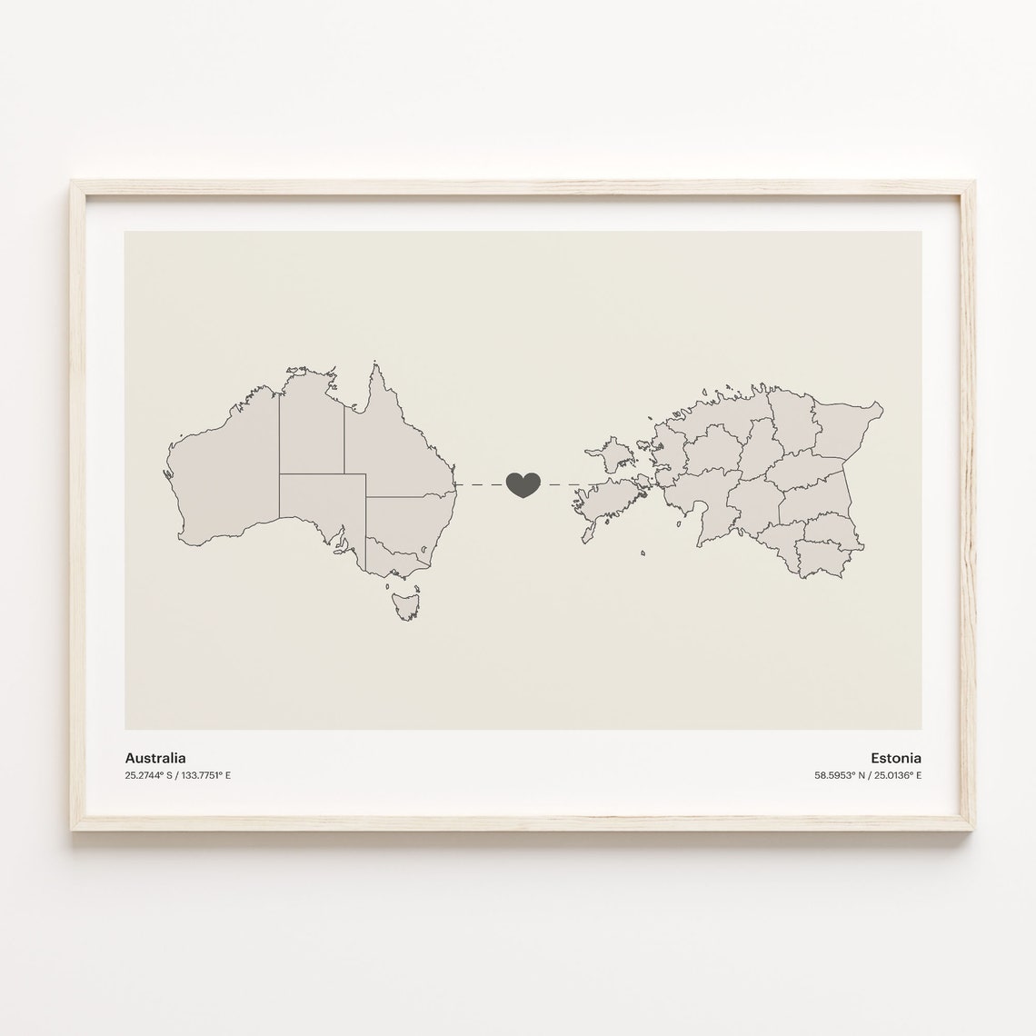 Australia to Estonia Minimalist Heart Couple Connection Map Poster