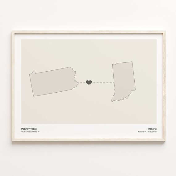 Pennsylvania Indiana Minimalist Long Distance Love Heart Map Poster