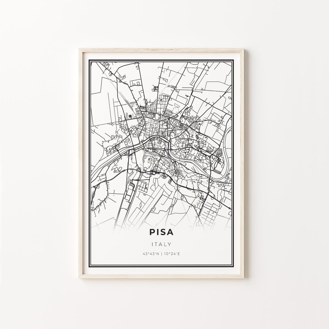 Pisa Italy Modern Black And White City Map Street Art Poster