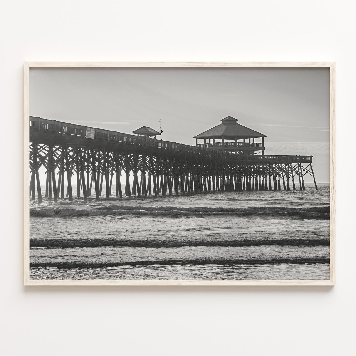 Black And White Ocean Fishing Pier With Pavilion Photo Poster