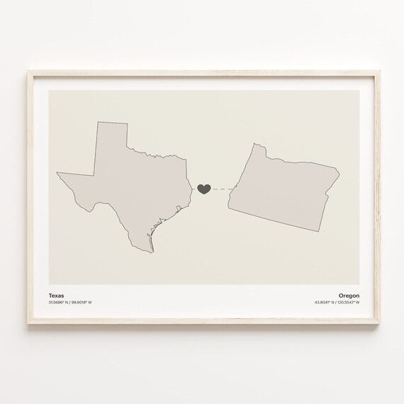 Texas To Oregon Minimalist Long Distance Love Connection Poster