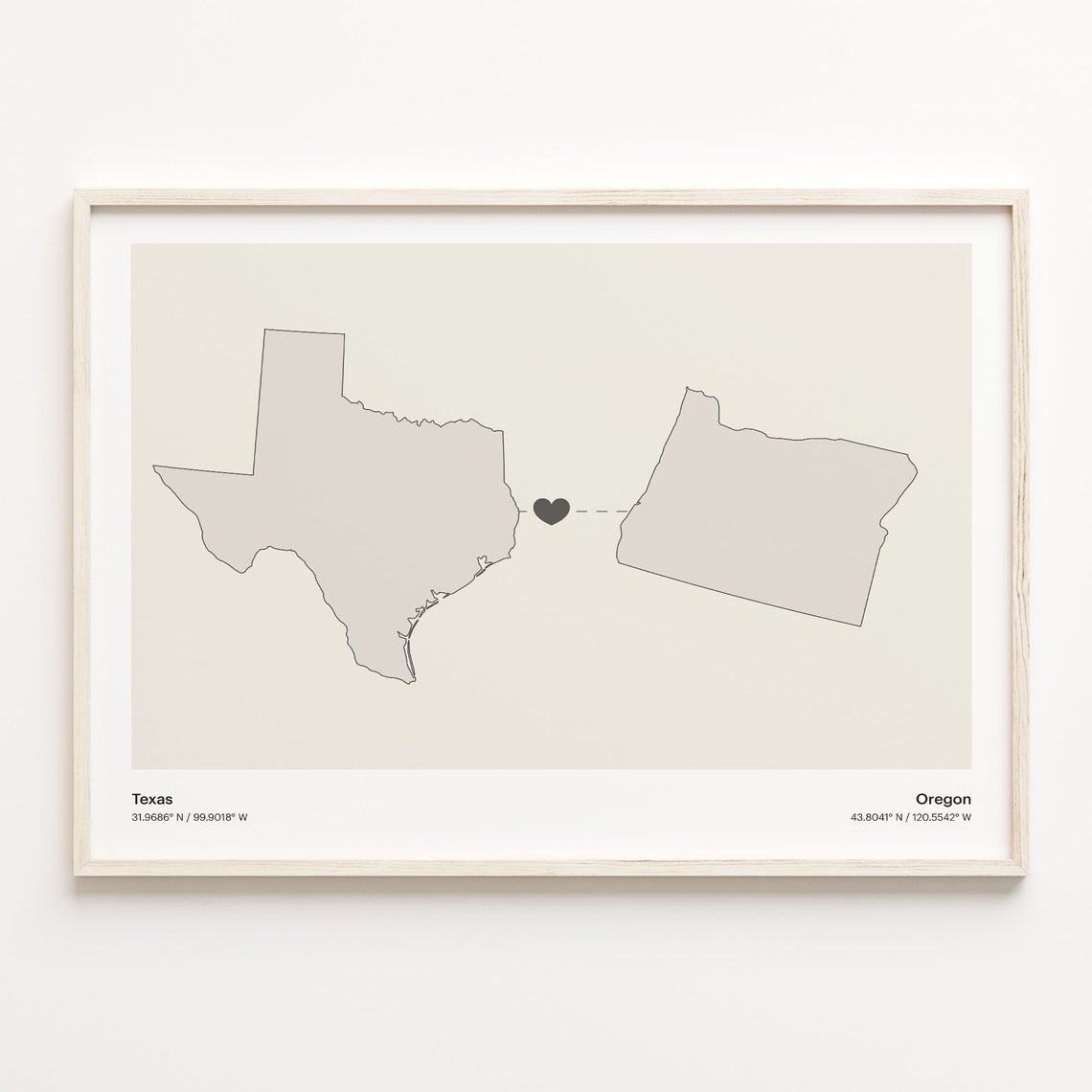 Texas To Oregon Minimalist Long Distance Love Connection Poster