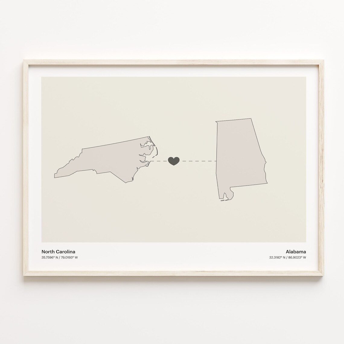 North Carolina to Alabama Minimalist Long Distance Connection Map Poster