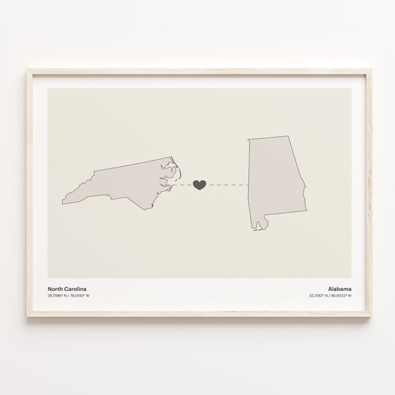 North Carolina to Alabama Minimalist Long Distance Connection Map Poster
