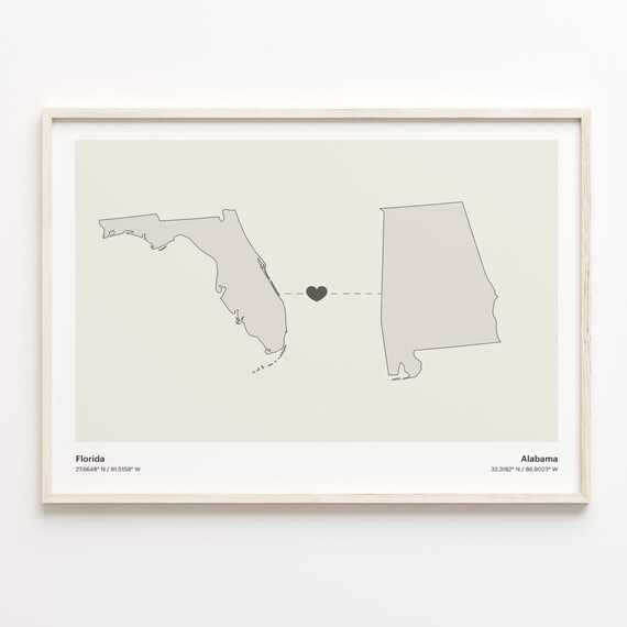 Florida and Alabama Long Distance Heart Connection Map Poster