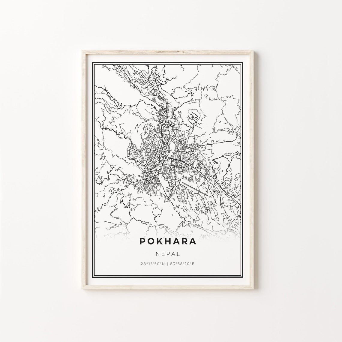 Pokhara Nepal Modern Black And White Street Map Coordinates Poster