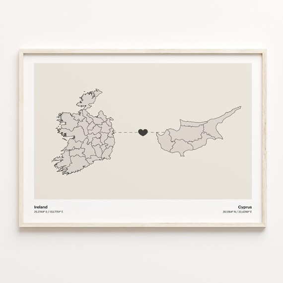 Ireland and Cyprus Long Distance Heart Connection Map Poster