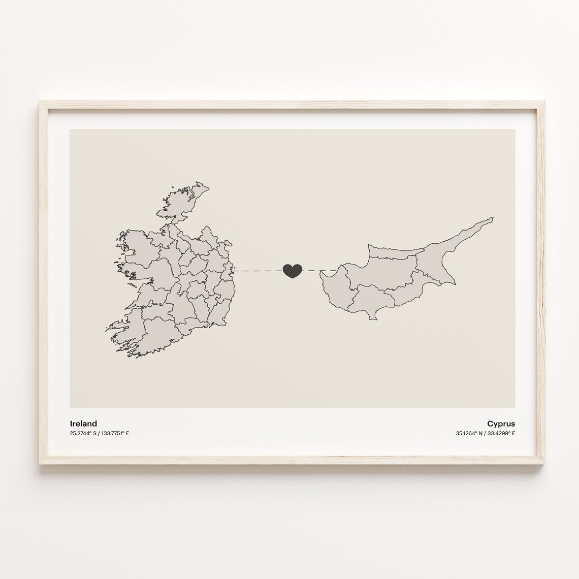 Ireland and Cyprus Long Distance Heart Connection Map Poster