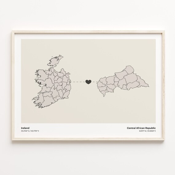 Ireland to Central African Republic Heart Map Love Art Poster