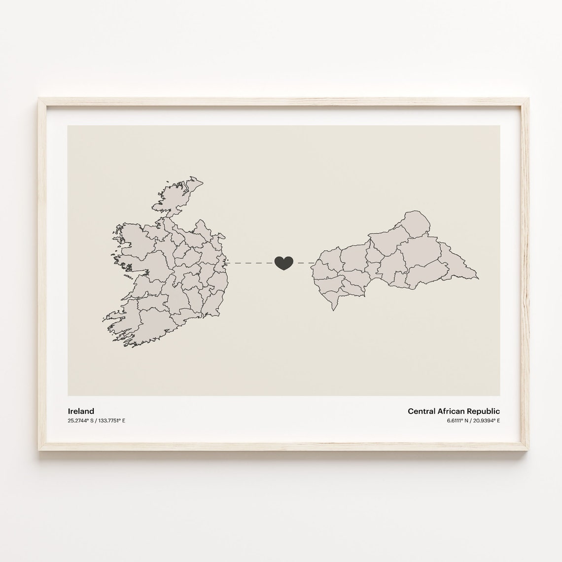 Ireland to Central African Republic Heart Map Love Art Poster