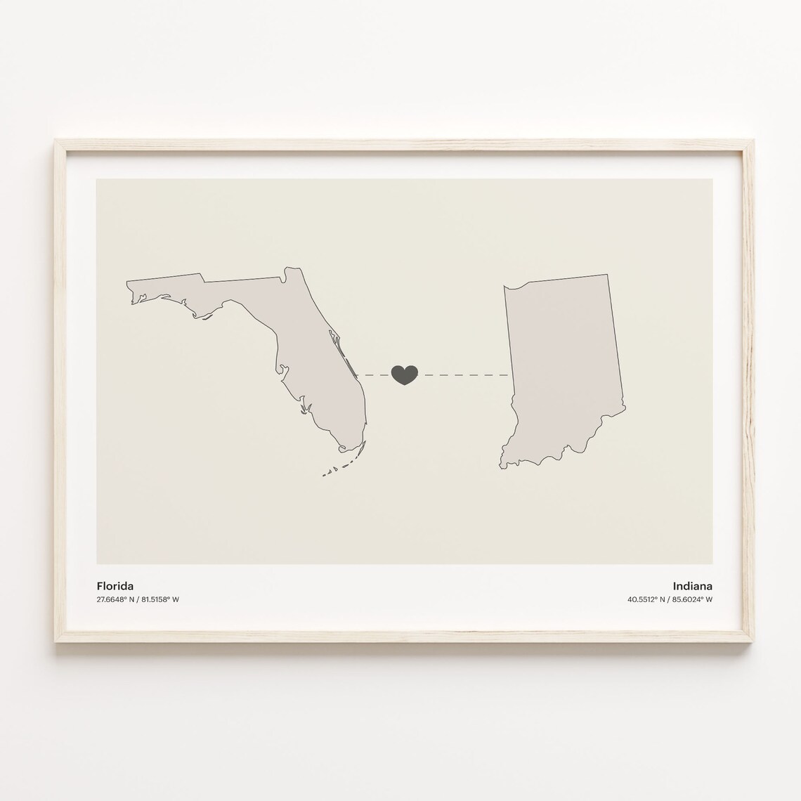Florida to Indiana Minimalist State Connection Map Print