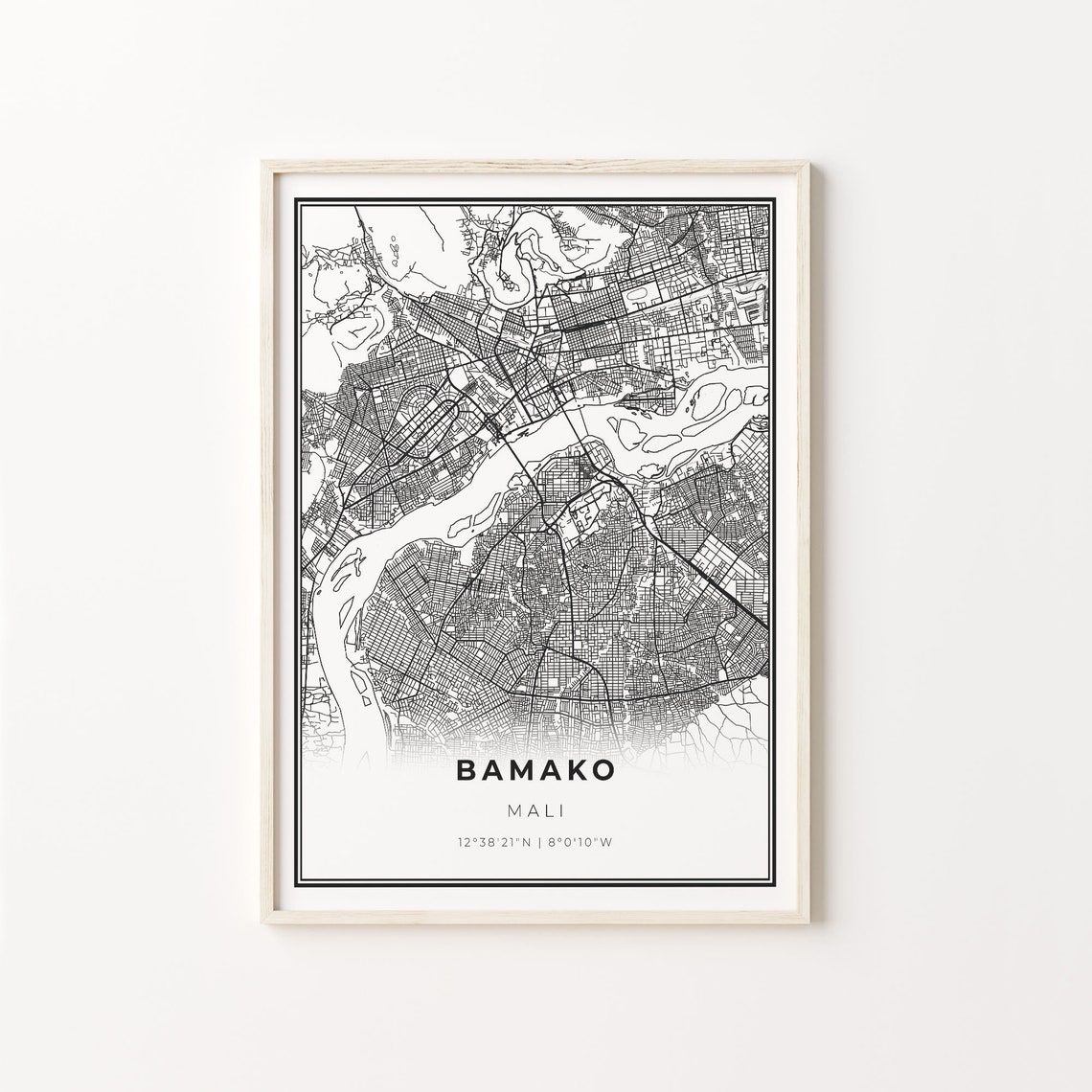 Bamako Mali Black and White Street Map Minimalist Decor Poster