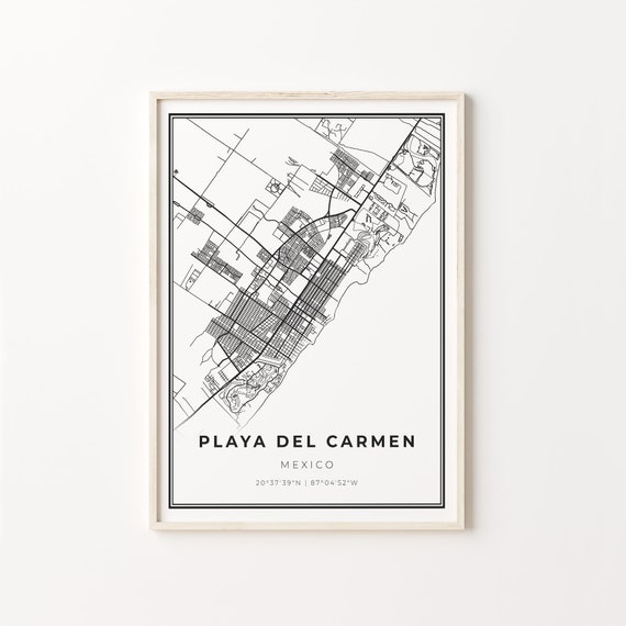 Playa Del Carmen City Map Art Print, Modern Black & White