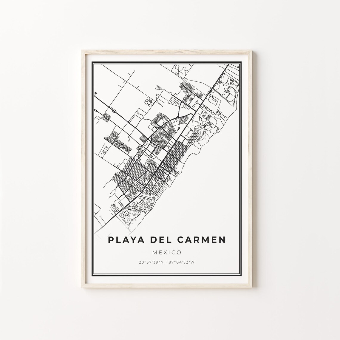 Playa Del Carmen City Map Art Print, Modern Black & White