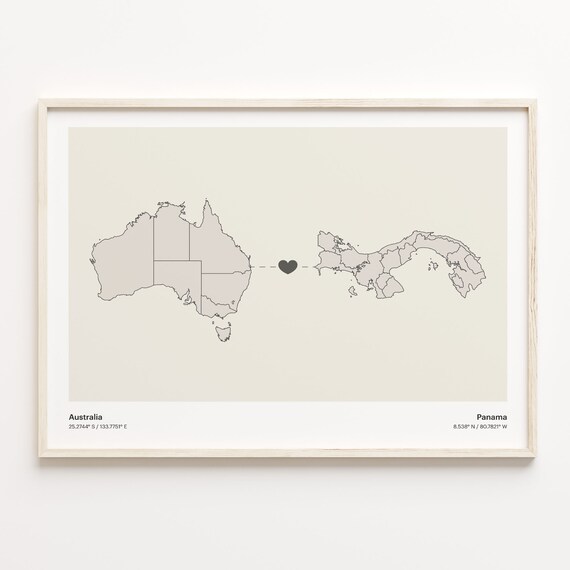 Australia and Panama Long Distance Love Country Connection Map Poster