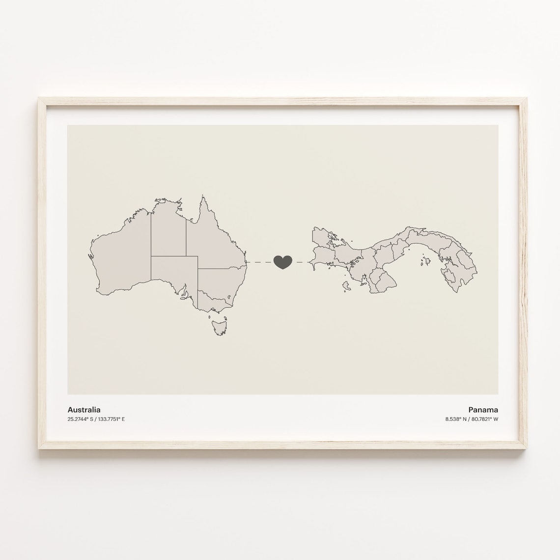 Australia and Panama Long Distance Love Country Connection Map Poster