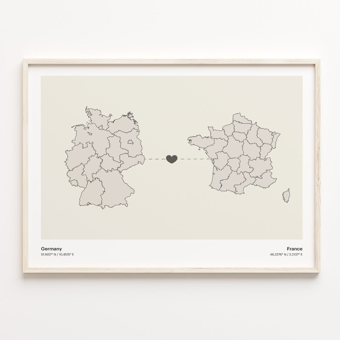 Germany To France Minimalistic Heart Love Connection Map Poster