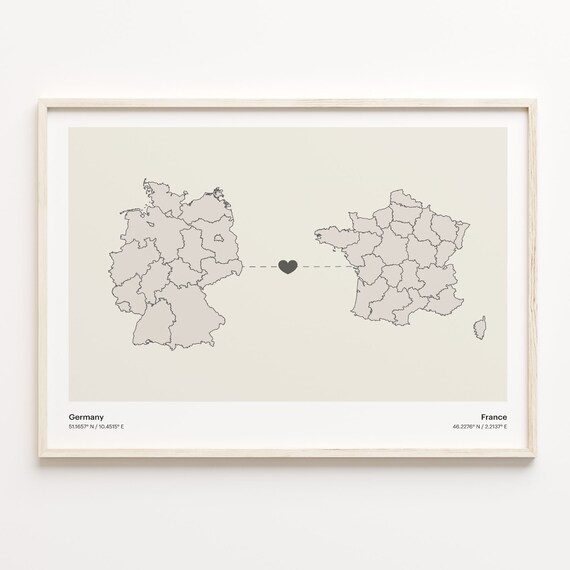 Germany To France Minimalistic Heart Love Connection Map Poster