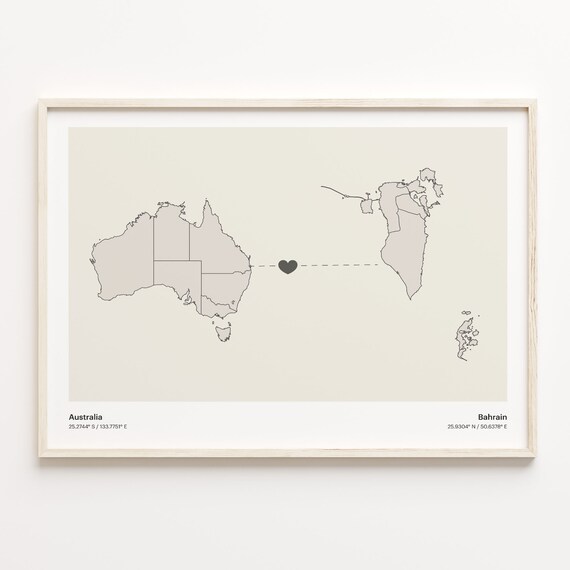 Australia and Bahrain Minimalist Long Distance Heart Map Connection Poster
