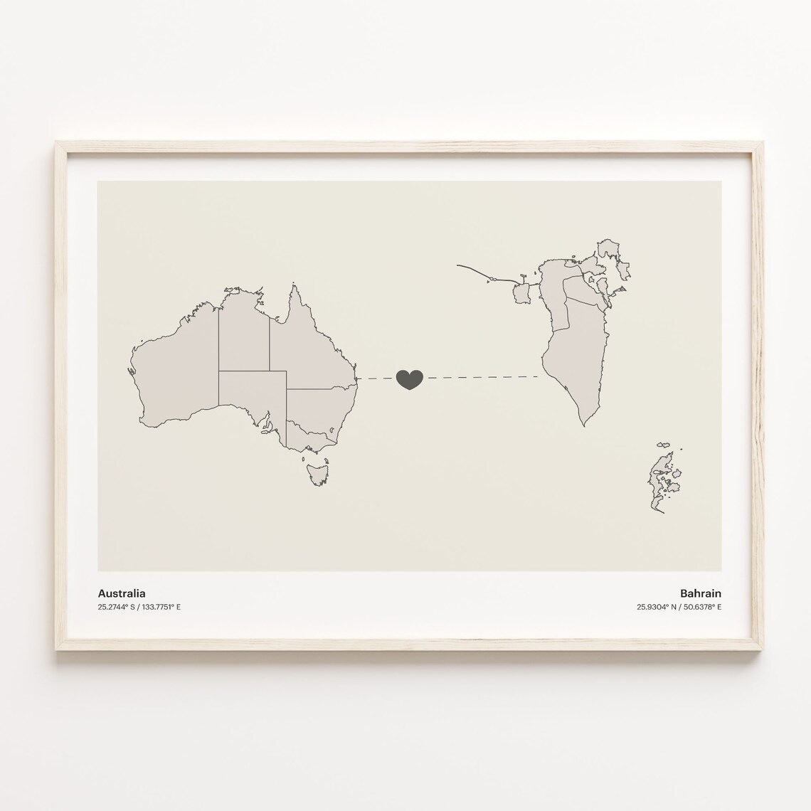 Australia and Bahrain Minimalist Long Distance Heart Map Connection Poster